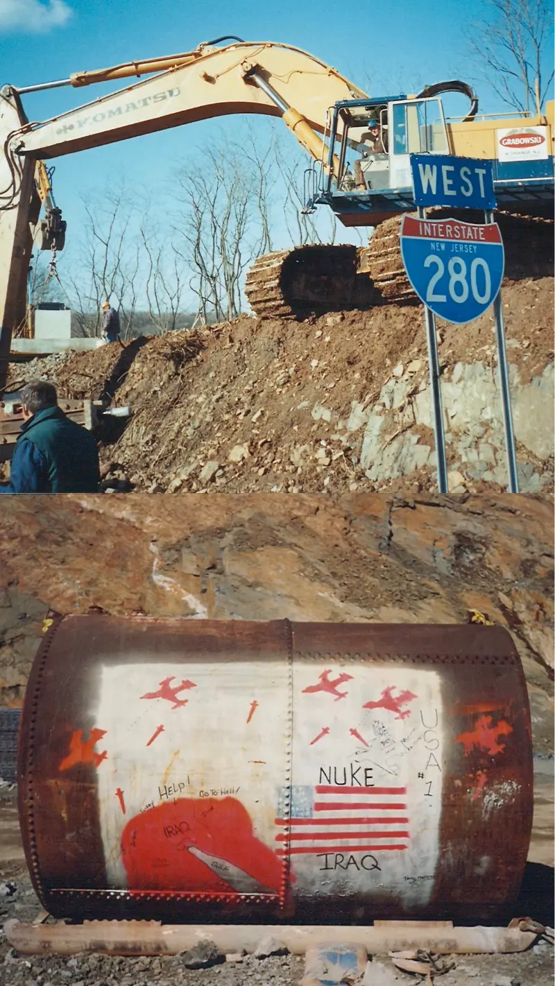 Komatsu excavator at a rock cut near a West I-280 sign; below, a graffitied steel oil tank.