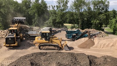 Wheel loader, Cat track loader, and crushing screening plant processing rock on site