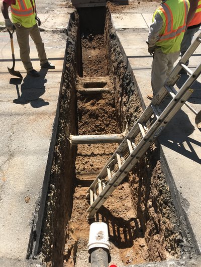 Open utility trench with ladder and pipe, flanked by workers in safety vests